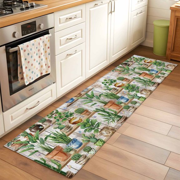Kitchen Runner Rug Farm Potted Plant Cactus Runner Rugs for Bedroom Hallway Entryway Stair, Retro Rustic Wooden Plank Washable Area Rug Non-slip Floor Carpet 2x6ft