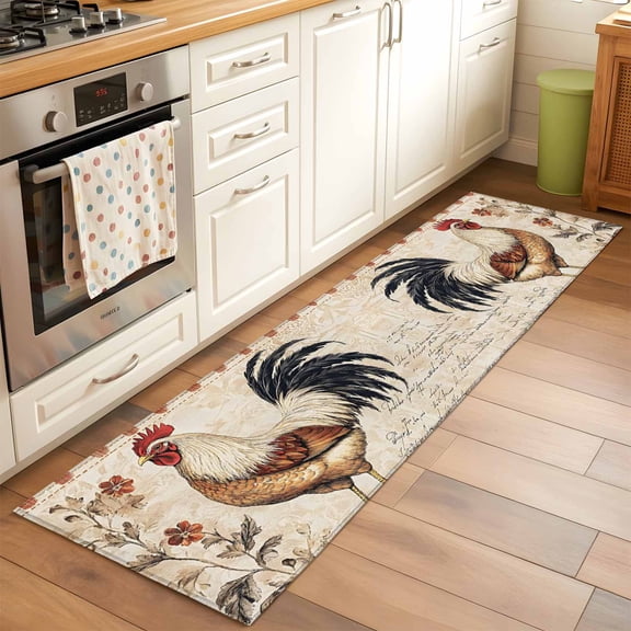 Kitchen Runner Rug Farm Rooster Retro Flower Runner Rugs for Bedroom Hallway Entryway Stair, Brown Stripe Washable Area Rug Non-slip Floor Carpet 2x6ft