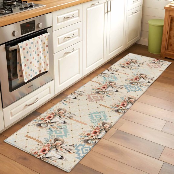 Kitchen Runner Rug Farm Southwestern Ram Skull Runner Rugs for Bedroom Hallway Entryway Stair, Boho Geometric Diamond Flower Area Rug Non-slip Washable Floor Carpet 2x6ft
