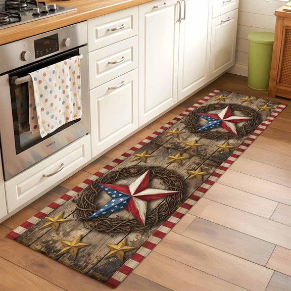 Kitchen Runner Rug Farm Western Stars Stripe Wood Grain Runner Rugs for Bedroom Hallway Entryway Stair, 4th of July Patriotic Flag Area Rug Non-slip Washable Floor Carpet 2x6ft