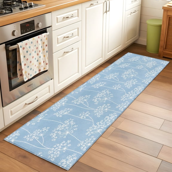 Kitchen Runner Rug Farm Wildflowers Dandelion Runner Rugs for Bedroom Hallway Entryway Stair, Blue Background Area Rug Non-slip Floor Carpet 2x6ft