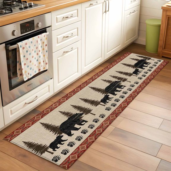 Kitchen Runner Rug Farmhouse Black Bear Paw Prints Runner Rugs for Bedroom Hallway Entryway Stair, Forest Animal Tree Retro Linen Area Rug Non-slip Washable Floor Carpet 2x6ft