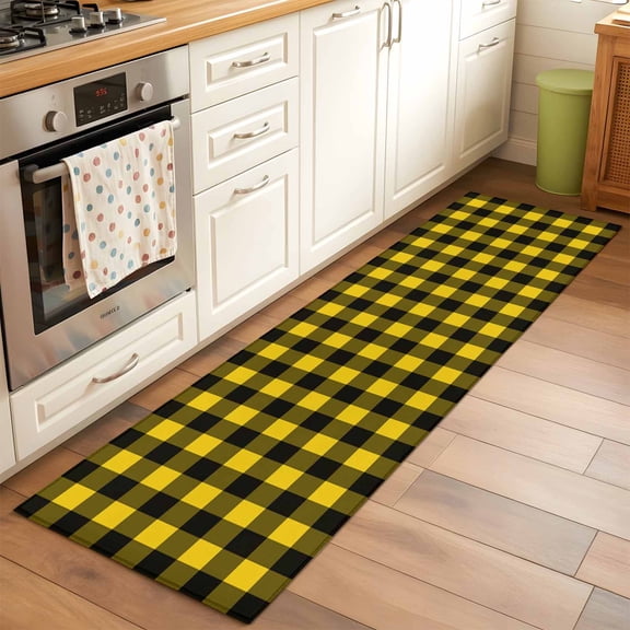 Kitchen Runner Rug Farmhouse Black Yellow Buffalo Plaid Runner Rugs for Bedroom Hallway Entryway Stair, Modern Checkered Washable Area Rug Non-slip Floor Carpet 2x6ft