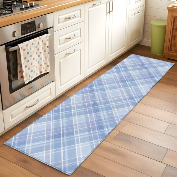 Kitchen Runner Rug Farmhouse Blue Gradient Plaid Runner Rugs for Bedroom Hallway Entryway Stair, Modern Woven Texture Washable Area Rug Non-slip Floor Carpet 2x6ft