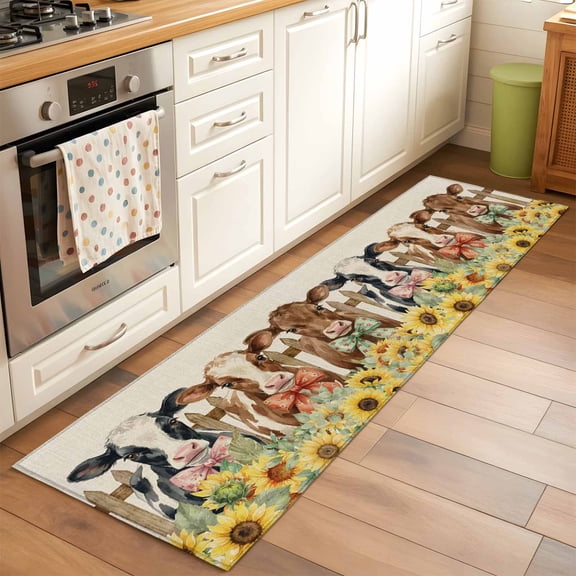 Kitchen Runner Rug Farmhouse Cow Sunflower Burlap Runner Rugs for Bedroom Hallway Entryway Stair, Rustic Wooden Fence Area Rug Non-slip Washable Floor Carpet 2x6ft
