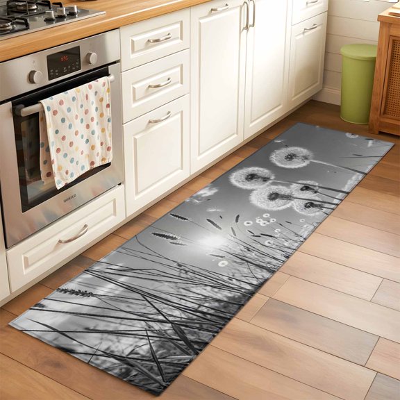 Kitchen Runner Rug Farmhouse Grey Field Dandelion Rural Plant Runner Rugs for Bedroom Hallway Entryway Stair, Idyllic Botanical Area Rug Non-slip Washable Floor Carpet 2x6ft