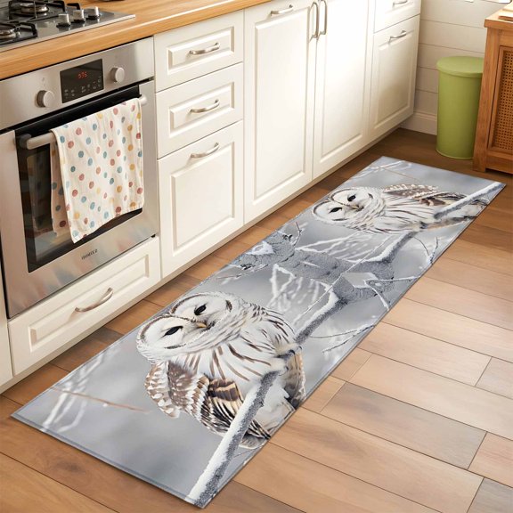 Kitchen Runner Rug Farmhouse Owl on Tree Branch Runner Rugs for Bedroom Hallway Entryway Stair, Winter Bird Natural Scenery Washable Area Rug Non-slip Floor Carpet 2x6ft