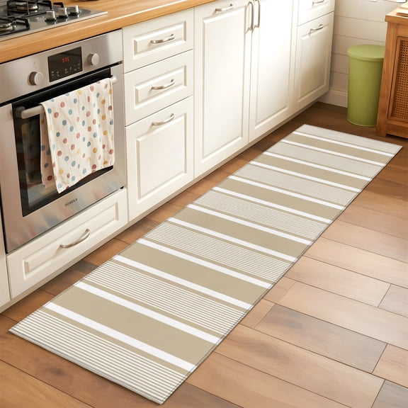 Kitchen Runner Rug Farmhouse Tan Stripes Line Runner Rugs for Bedroom Hallway Entryway Stair, Minimalist Boho Striped Washable Area Rug Non-slip Floor Carpet 2x6ft