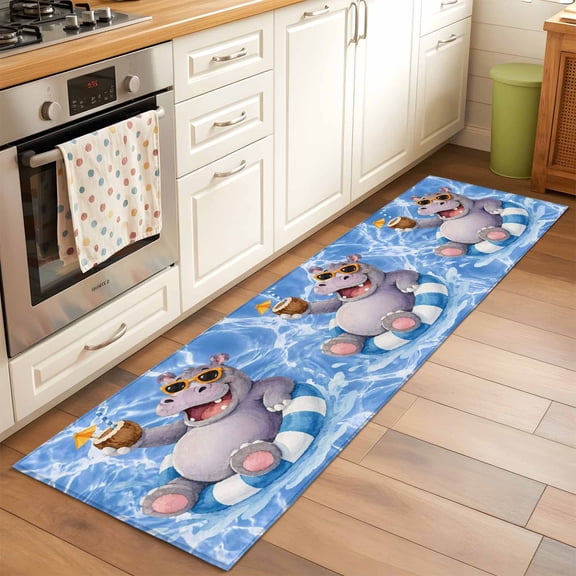 Kitchen Runner Rug Floating Hippopotamus Swim Ring Runner Rugs for Bedroom Hallway Entryway Stair, Summer Coconut Drink Pool Area Rug Non-slip Washable Floor Carpet 2x6ft