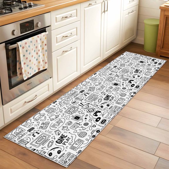 Kitchen Runner Rug Game Console Sketch Runner Rugs for Bedroom Hallway Entryway Stair, Black And White Gaming Art Washable Area Rug Non-slip Floor Carpet 2x6ft