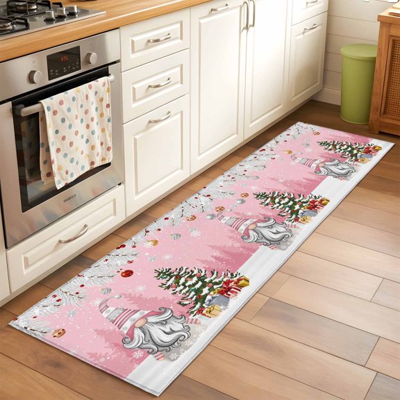 Kitchen Runner Rug Gnome Christmas Tree Bell Snow Fir Runner Rugs for Bedroom Hallway Entryway Stair, Pink Area Rug Non-slip Washable Floor Carpet 2x6ft