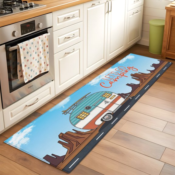 Kitchen Runner Rug Let's Go Camping Words Runner Rugs for Bedroom Hallway Entryway Stair, Blue White Travel Camper Van Area Rug Non-slip Washable Floor Carpet 2x6ft