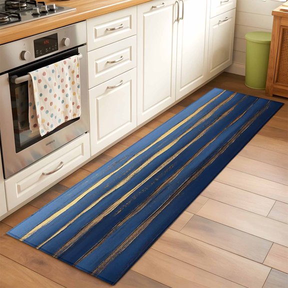 Kitchen Runner Rug Gold Navy Blue Stripes Abstract Sea Wave Runner Rugs for Bedroom Hallway Entryway Stair, Ocean Water Ripple Washable Area Rug Non-slip Floor Carpet 2x6ft