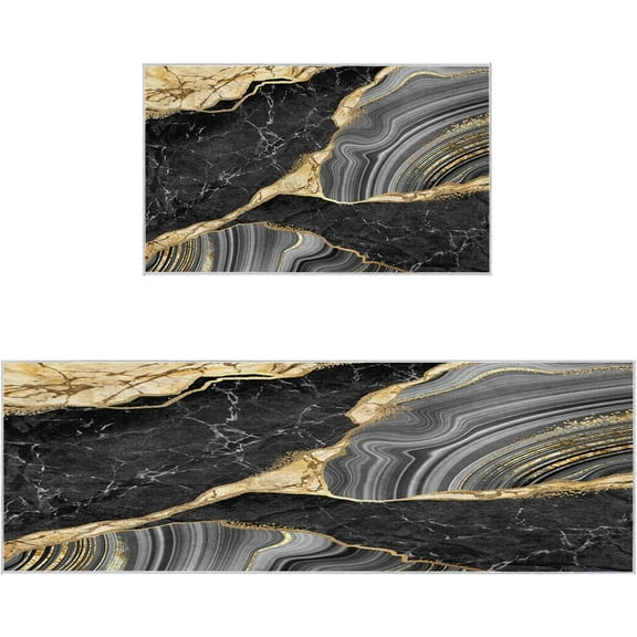 Kitchen Runner Rug, Golden Black Marble Texture Abstract Modern Art Non Slip Runner Carpet Door Mats Floor Mat for Laundry Bedside Bathroom Bedroom Set of 2