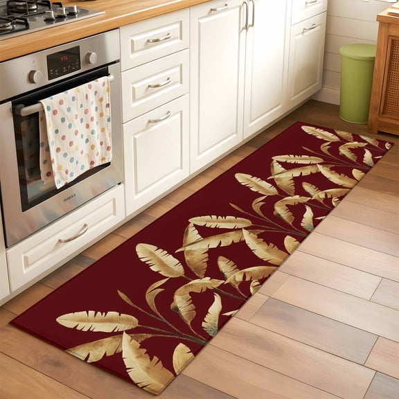 Kitchen Runner Rug Golden Tropical Leaves on Burgundy Red Runner Rugs for Bedroom Hallway Entryway Stair, Abstract Foliage Leaf Washable Area Rug Non-slip Floor Carpet 2x6ft
