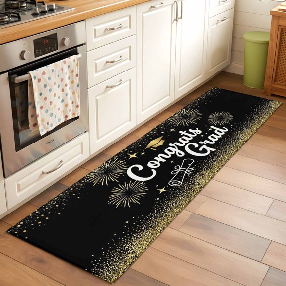 Kitchen Runner Rug Graduation Mortarboard Fireworks Runner Rugs for Bedroom Hallway Entryway Stair, Shining Stars Gold Black Washable Area Rug Non-slip Floor Carpet 2x6ft