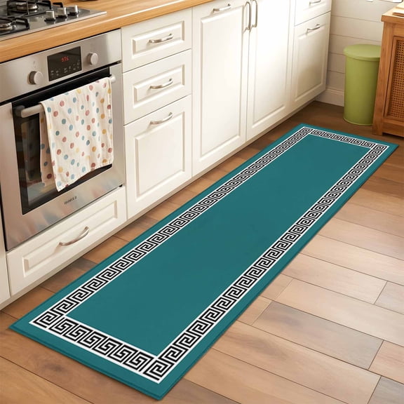 Kitchen Runner Rug Greek Abstract Inspired Key Pattern Runner Rugs for Bedroom Hallway Entryway Stair, Twist Line on Teal Area Rug Non-slip Washable Floor Carpet 2x6ft