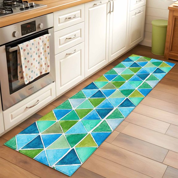 Kitchen Runner Rug Green Blue Gradient Runner Rugs for Bedroom Hallway Entryway Stair, Abstract Geometric Triangle Washable Area Rug Non-slip Floor Carpet 2x6ft