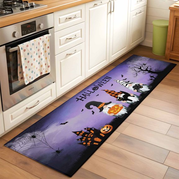 Kitchen Runner Rug Halloween Gnome Pumpkin Black Cat Spiders- Hall Ween Runner Rugs for Bedroom Hallway Entryway Stair, Dead Tree Purple Washable Area Rug Non-slip Floor Carpet 2x6ft