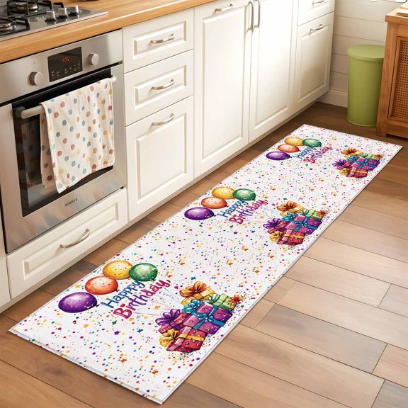 Kitchen Runner Rug Happy Birthday Celebration Party Runner Rugs for Bedroom Hallway Entryway Stair, Colorful Present Balloon Washable Area Rug Non-slip Floor Carpet 2x6ft