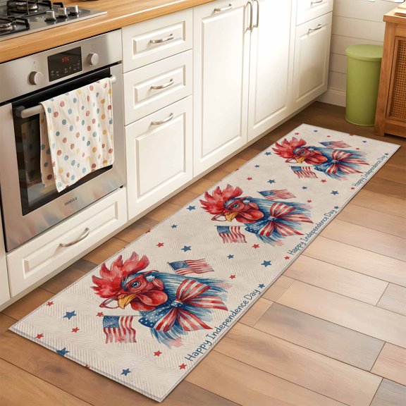 Kitchen Runner Rug Happy Independence Day Chicken Runner Rugs for Bedroom Hallway Entryway Stair, Red Blue Star on Linen Area Rug Non-slip Washable Floor Carpet 2x6ft