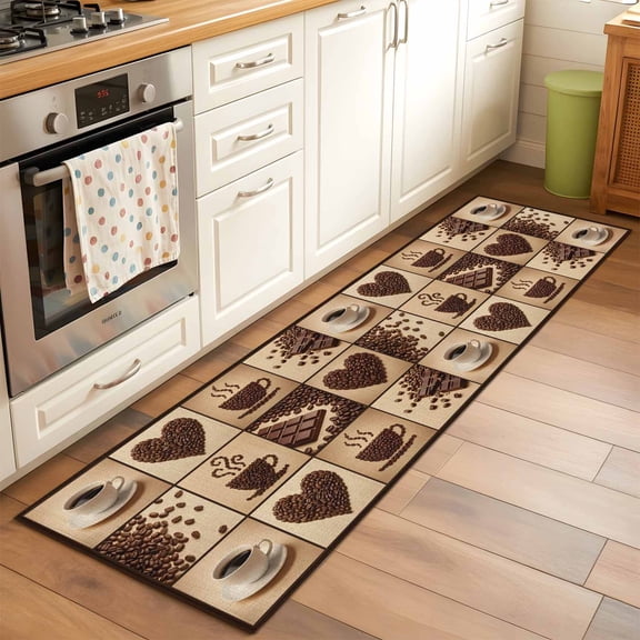Kitchen Runner Rug Heart Shape Coffee Beans Runner Rugs for Bedroom Hallway Entryway Stair, Chocolate Bar Area Rug Non-slip Washable Floor Carpet 2x6ft