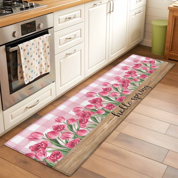 Kitchen Runner Rug Hello Spring Watercolor Tulip Botanical Runner Rugs for Bedroom Hallway Entryway Stair, Pink Plaid Wood Area Rug Non-slip Washable Floor Carpet 2x6ft