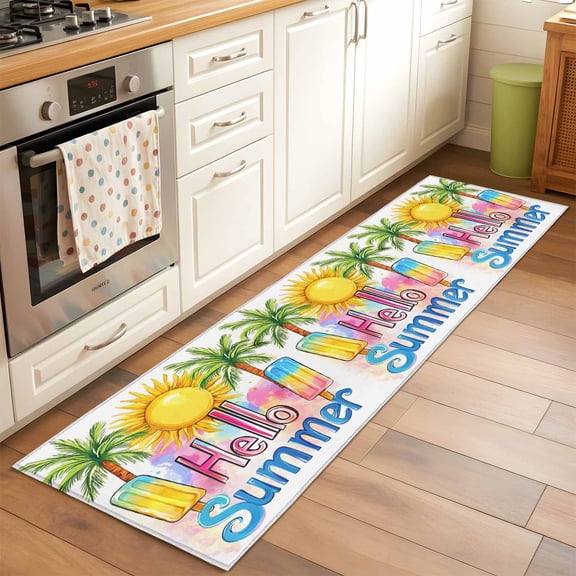 Kitchen Runner Rug Hello Summer Text Sun Palm Tree Runner Rugs for Bedroom Hallway Entryway Stair, Colorful Ocean Seaside Theme Area Rug Non-slip Washable Floor Carpet 2x6ft