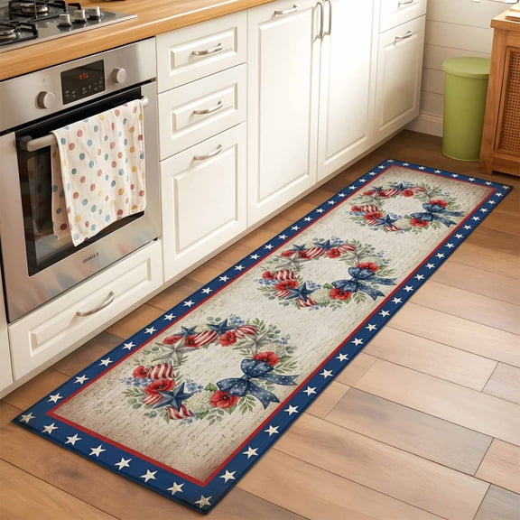 Kitchen Runner Rug Independence Day 250th Anniversary Runner Rugs for Bedroom Hallway Entryway Stair, Patriotic Floral Wreath Area Rug Non-slip Washable Floor Carpet 2x6ft