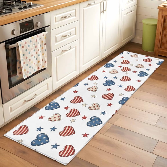 Kitchen Runner Rug Independence Day 250th Runner Rugs for Bedroom Hallway Entryway Stair, Red Blue Patriotic Heart Star Area Rug Non-slip Washable Floor Carpet 2x6ft
