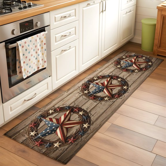 Kitchen Runner Rug Independence Day Country Star Runner Rugs for Bedroom Hallway Entryway Stair, Rustic Pentagram Wood Plank Washable Area Rug Non-slip Floor Carpet 2x6ft