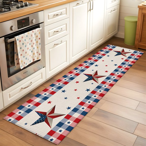 Kitchen Runner Rug Independence Day Flag Star on Cotton Runner Rugs for Bedroom Hallway Entryway Stair, Buffalo Plaid Border Washable Area Rug Non-slip Floor Carpet 2x6ft
