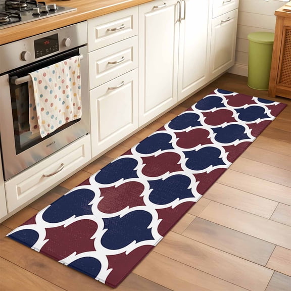 Kitchen Runner Rug Independence Day Moroccan Pattern Burgundy Red Buffalo Plaid Runner Rugs for Bedroom Hallway Entryway Stair, Vintage Blue Grid Washable Area Rug Non-slip Floor Carpet 2x6ft