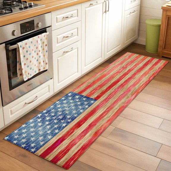 Kitchen Runner Rug Independence Day Patriotic Stars Stripes Runner Rugs for Bedroom Hallway Entryway Stair, Farm Retro Wood Texture Area Rug Non-slip Washable Floor Carpet 2x6ft