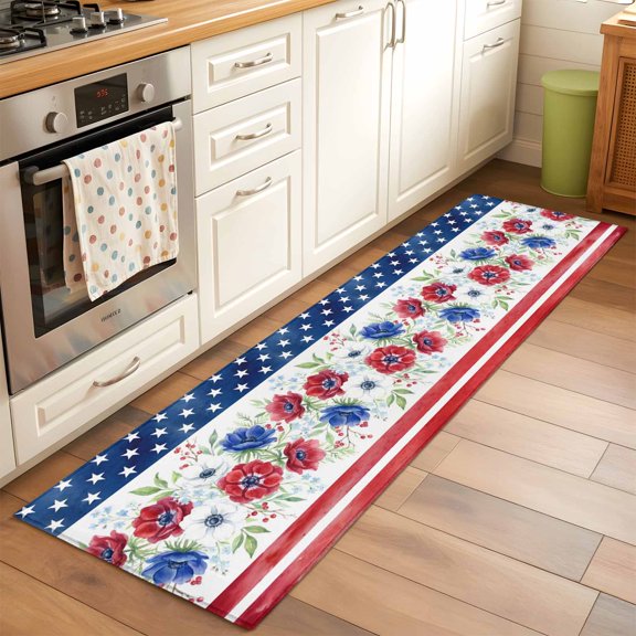 Kitchen Runner Rug Independence Day Star Striped Flag Runner Rugs for Bedroom Hallway Entryway Stair, 250th Anniversary Floral Area Rug Non-slip Washable Floor Carpet 2x6ft
