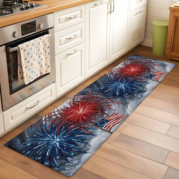Kitchen Runner Rug Independence Day USA Flag Runner Rugs for Bedroom Hallway Entryway Stair, Red Blue White Fireworks Area Rug Non-slip Washable Floor Carpet 2x6ft