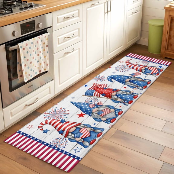 Kitchen Runner Rug Independence Day USA Flag Star Dwarf Runner Rugs for Bedroom Hallway Entryway Stair, Stripes on Wood Grain Area Rug Non-slip Washable Floor Carpet 2x6ft