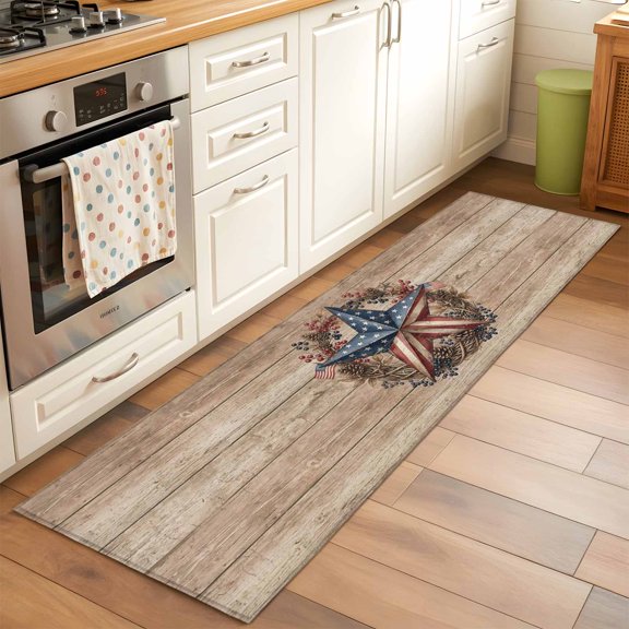 Kitchen Runner Rug Independence Day USA Flag Star Runner Rugs for Bedroom Hallway Entryway Stair, Farm Wood Background Area Rug Non-slip Washable Floor Carpet 2x6ft