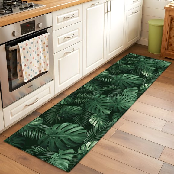 Kitchen Runner Rug Jungle Rainforest Botanical Leaves Runner Rugs for Bedroom Hallway Entryway Stair, Green Foliage on Black Area Rug Non-slip Washable Floor Carpet 2x6ft