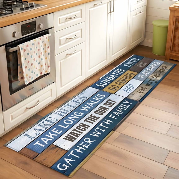 Kitchen Runner Rug Lake Rules Farm Blue Wood Board Runner Rugs for Bedroom Hallway Entryway Stair, Quote Wooden Grain Washable Area Rug Non-slip Floor Carpet 2x6ft