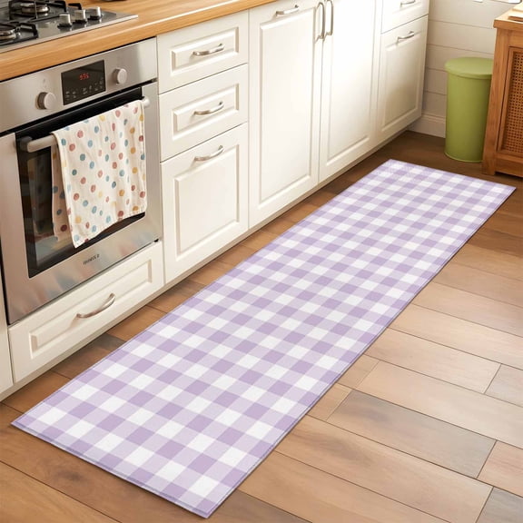 Kitchen Runner Rug Lavender Purple Grid Runner Rugs for Bedroom Hallway Entryway Stair, Farm Pastoral Theme Area Rug Non-slip Washable Floor Carpet 2x6ft