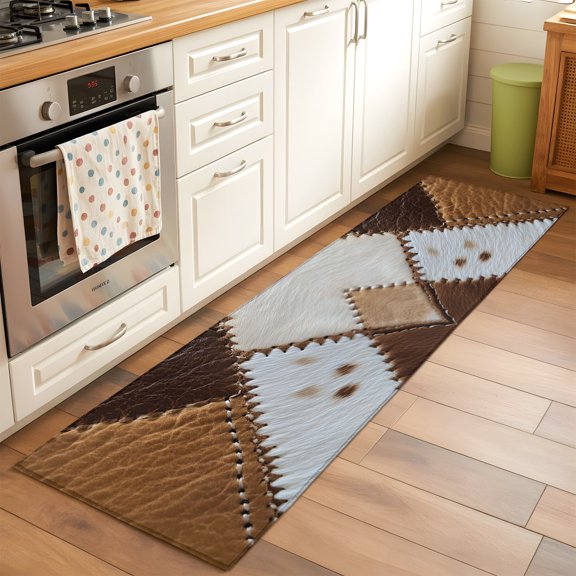 Kitchen Runner Rug Leather Patchwork Cowhide Texture Runner Rugs for Bedroom Hallway Entryway Stair, Retro Brown and White Washable Area Rug Non-slip Floor Carpet 2x6ft