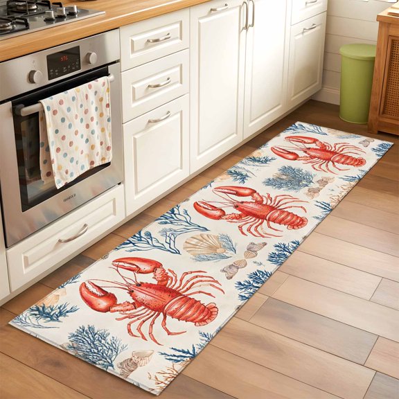 Kitchen Runner Rug Lobsters Ocean Coral Shell Runner Rugs for Bedroom Hallway Entryway Stair, Underwater World Cartoon Style Washable Area Rug Non-slip Floor Carpet 2x6ft