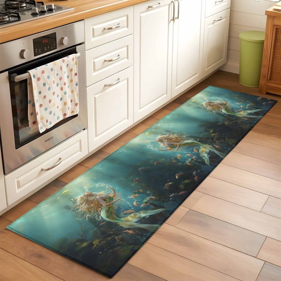 Kitchen Runner Rug Marine Beautiful Mermaid Fish Runner Rugs for Bedroom Hallway Entryway Stair, Undersea Ocean Life Seaweed Area Rug Non-slip Washable Floor Carpet 2x6ft