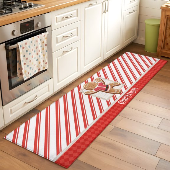 Kitchen Runner Rug Merry Christmas Cartoon Cookies Runner Rugs for Bedroom Hallway Entryway Stair, Red Stripes Geometric Area Rug Non-slip Washable Floor Carpet 2x6ft