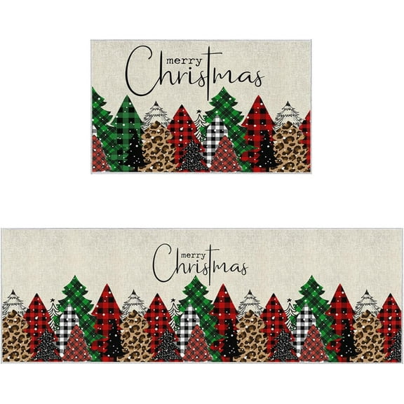 Kitchen Runner Rug, Merry Christmas Tree Green Black Red Plaid Vintage Leopard Non Slip Runner Carpet Door Mats Floor Mat for Laundry Bedside Bathroom Bedroom Set of 2