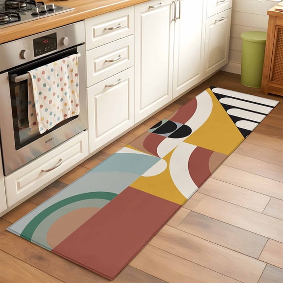 Kitchen Runner Rug Mid Century Abstract Geometric Irregular Runner Rugs for Bedroom Hallway Entryway Stair, Retro Color Block Stripe Area Rug Non-slip Washable Floor Carpet 2x6ft