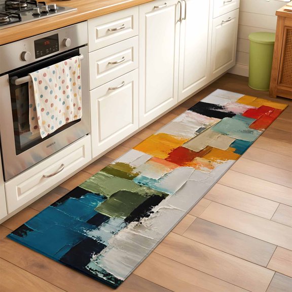Kitchen Runner Rug Mid Century Block Textured Runner Rugs for Bedroom Hallway Entryway Stair, Abstract Palette Knife Art Area Rug Non-slip Washable Floor Carpet 2x6ft