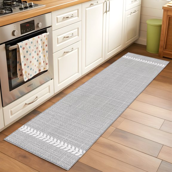 Kitchen Runner Rug Minimalist Light Gray Runner Rugs for Bedroom Hallway Entryway Stair, White Herringbone Stripe Area Rug Non-slip Washable Floor Carpet 2x6ft