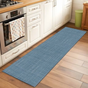 Kitchen Runner Rug Minimalist Navy Blue Grid Runner Rugs for Bedroom Hallway Entryway Stair, Turquoise Linen Textured Area Rug Non-slip Washable Floor Carpet 2x6ft